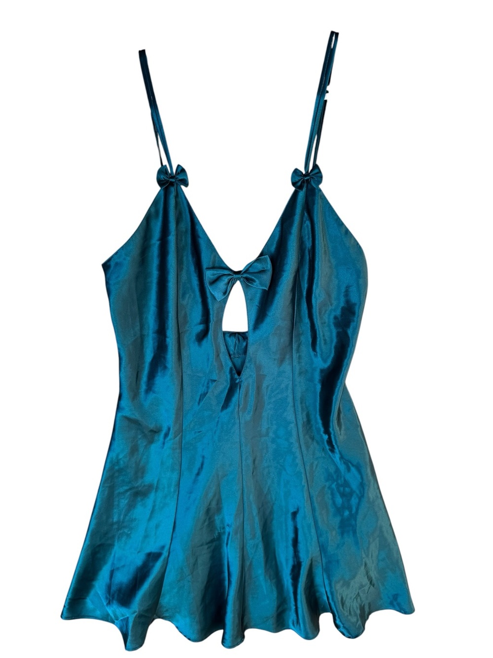 Frederick's of Hollywood Teal Satin Mini Dress with Bow Accents